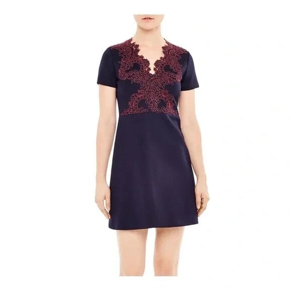 Sandro Paris Short Dress Womens Sz Sm /1 Navy Lace Trim Short Sleeve Back Zipper